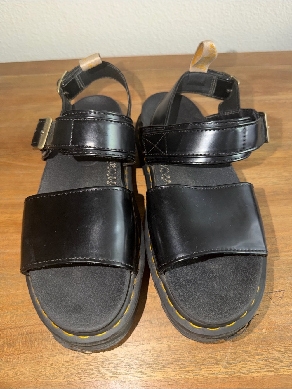 Dr. Martens Black Leather Platform Sandals with Yellow Stitching